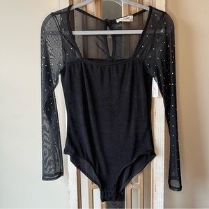 Peach Love California Black Mesh Bodysuit with Rhinestones. NWT. Size Med.